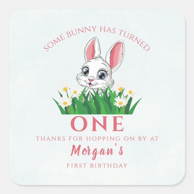 Einige Bunny One Niedlich Rabbit Girls 1. Geburtst Quadratischer Aufkleber (Vorderseite)