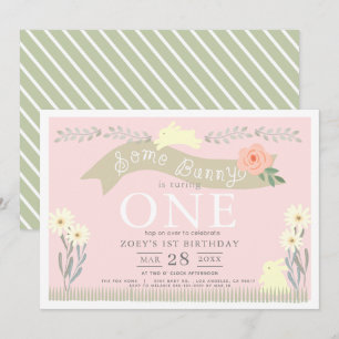 Einige Bunny Pastel Pink GIrl 1. Geburtstag Einladung