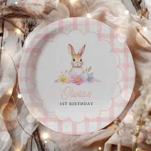 Einige Bunny Pastel Spring Pink Gingham 1. Geburts Pappteller