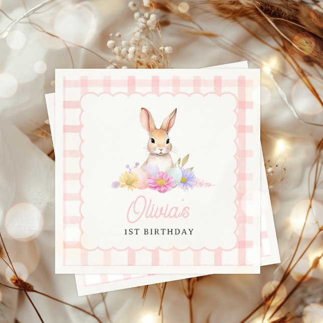 Einige Bunny Pastel Spring Pink Gingham 1. Geburts Serviette (Von Creator hochgeladen)
