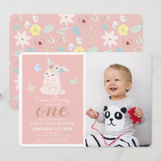 Einige sonnige Blumenrosa Girl 1. Foto Geburtstag Einladung