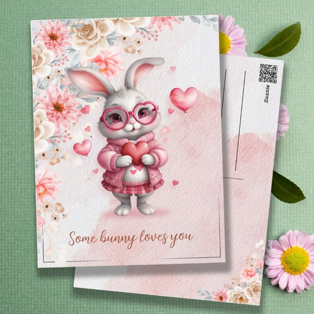 Einige sonnige Lieben Romantisch Pink Bunny & Hear Postkarte (Some Bunny Loves You Romantic Pink Bunny & Hearts Postcard)