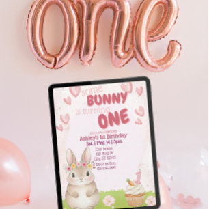 Einiges Kaninchen erster Geburtstag, rosa Einladun Einladung