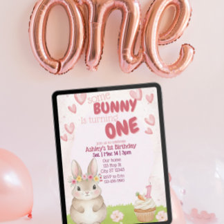 Einiges Kaninchen erster Geburtstag, rosa Einladun Einladung