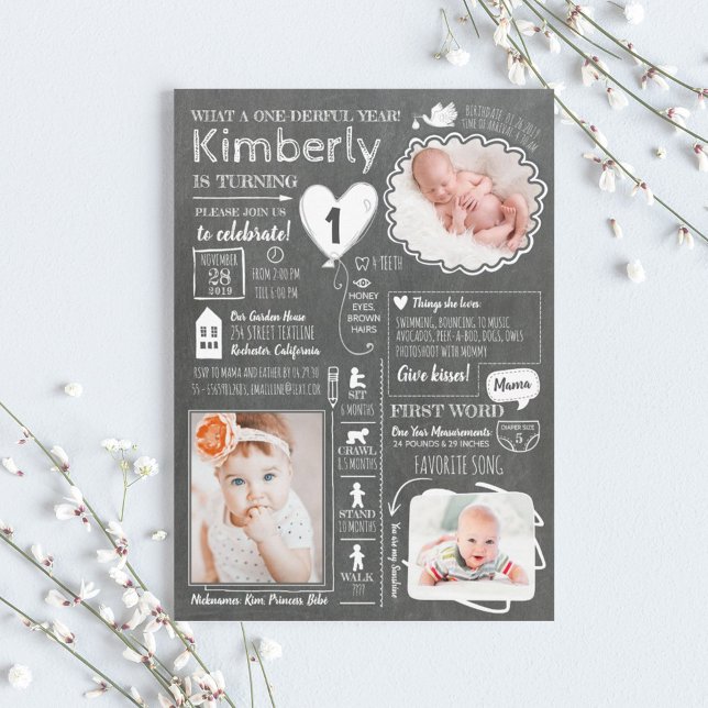 Einjähriger Infografik Spaß 1. Geburtstag Foto Einladung (Von Creator hochgeladen)