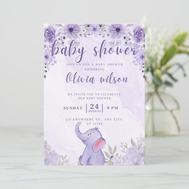 Einladende Babydusche lila Elefanten-Blume Feiertagskarte (Stehend Vorderseite)