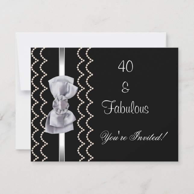 Einladendes Party Silver Bow Fabulous 40th Black Einladung (Vorderseite)