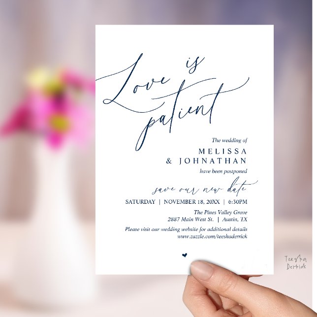 Einladung (“Love Is Patient” Wedding Postpone Announcement, Change the date card in Navy Blue)