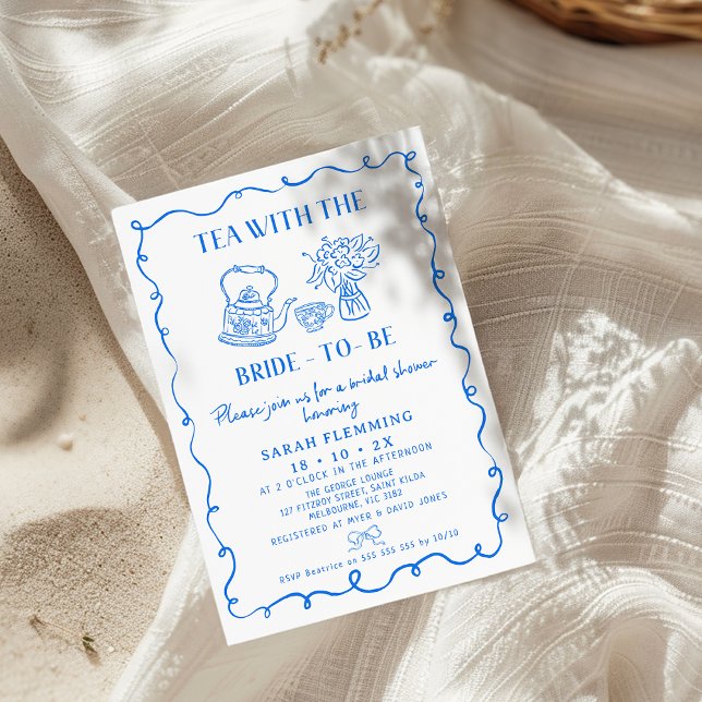 Einladung (Blue Whimsical Tea Bridal Shower Invitation, Tea With The Bride Shower Invite, Hand Drawn, Quirky)