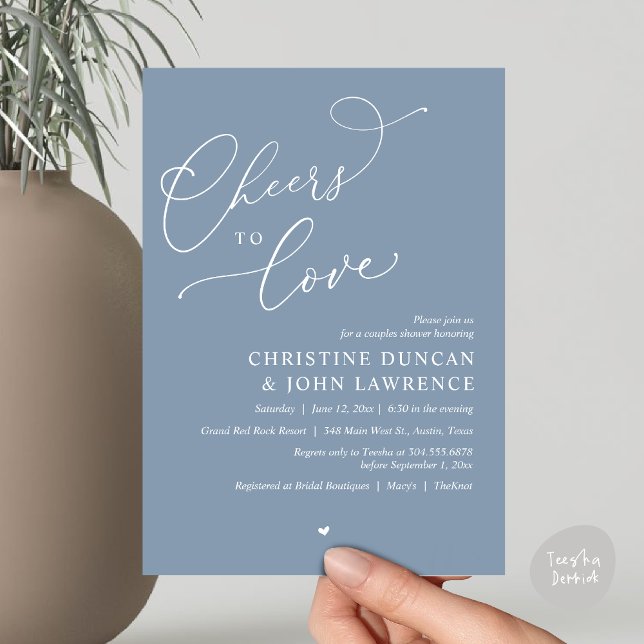 Einladung (Cheers to love, Romantic Couples Shower Modern Party Winery Invitation Card, PDF, Summer Dusty Blue)