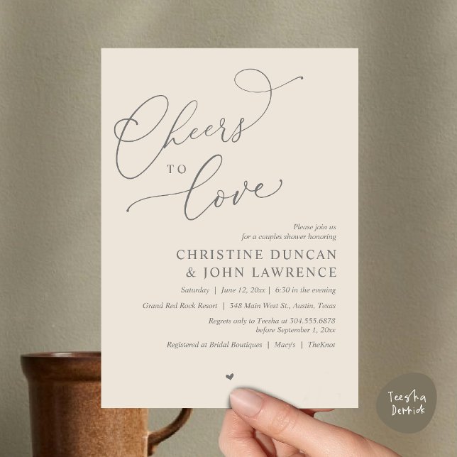 Einladung (Cheers to love, Romantic Couples Shower Modern Party Winery Invitation Card, PDF, Summer Cream Grey)