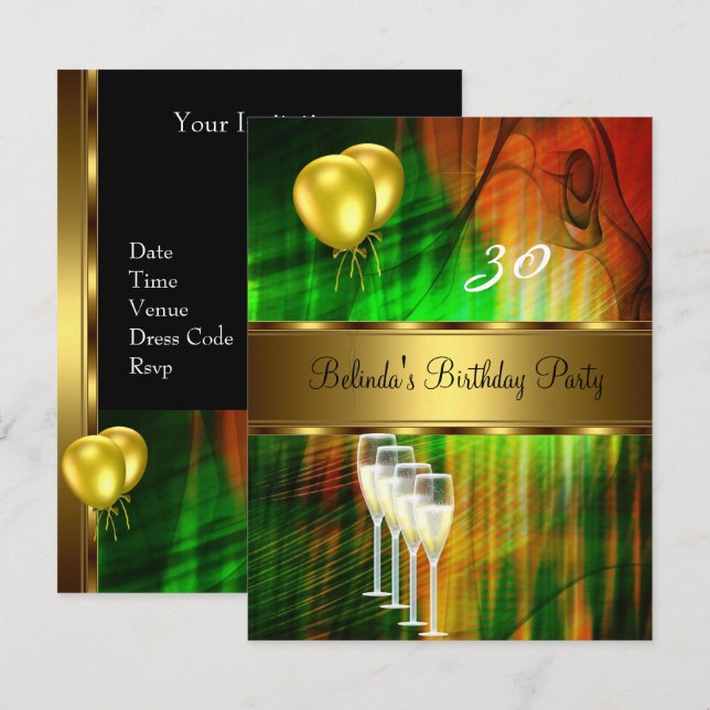 Einladung 30. Geburtstag Party Grün Gelbe Balloons (Vorne/Hinten)