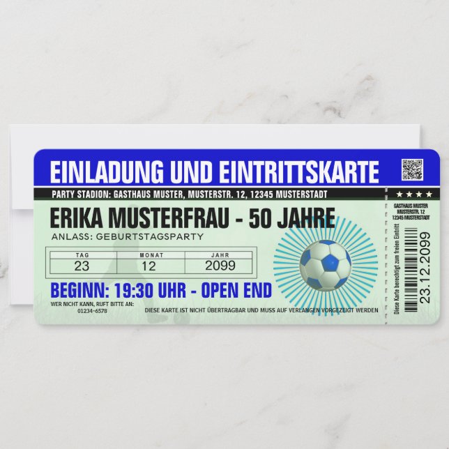 Einladung 50. Geburtstag Vorlage Fußball blau (Vorderseite)