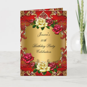 Einladung 50. Geburtstagsfeier Rot Gold Rose Spitz