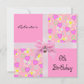 Einladung 6. Geburtstag rosa Herzen Schleife Mädch