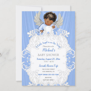 Einladung Baby Engel Blau Silber Dunkle Hautfarbe