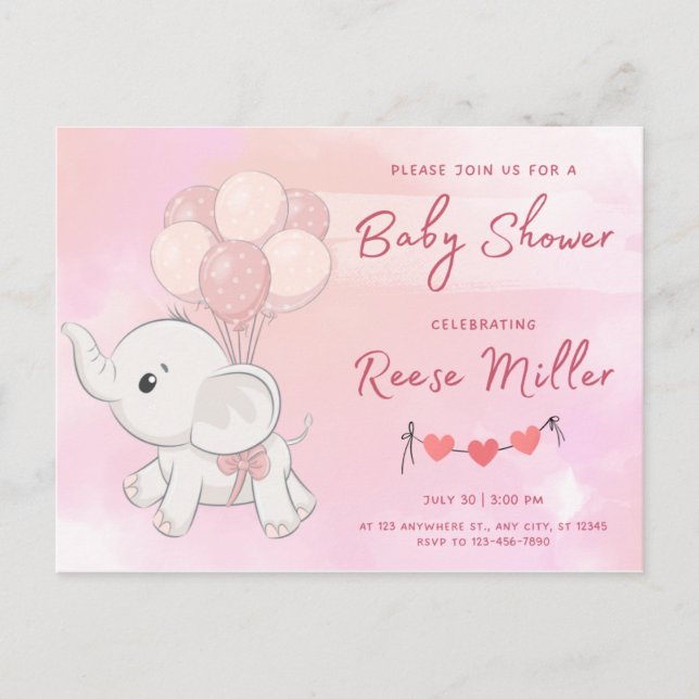 Einladung Babydusche, Elefanten, Mädchen, Postkarte (Vorderseite)
