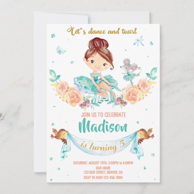 Einladung Ballerina zum Geburtstag (Vorderseite)