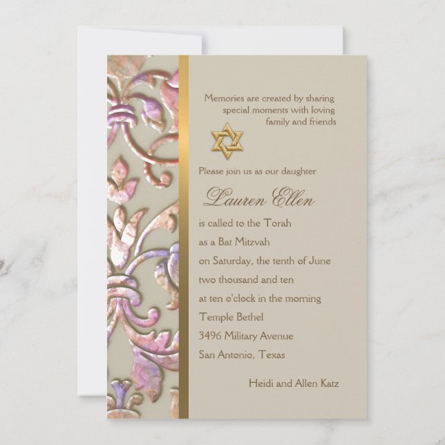 Einladung Bat Mitzvah Multi "Embossed Damask" (Rückseite)