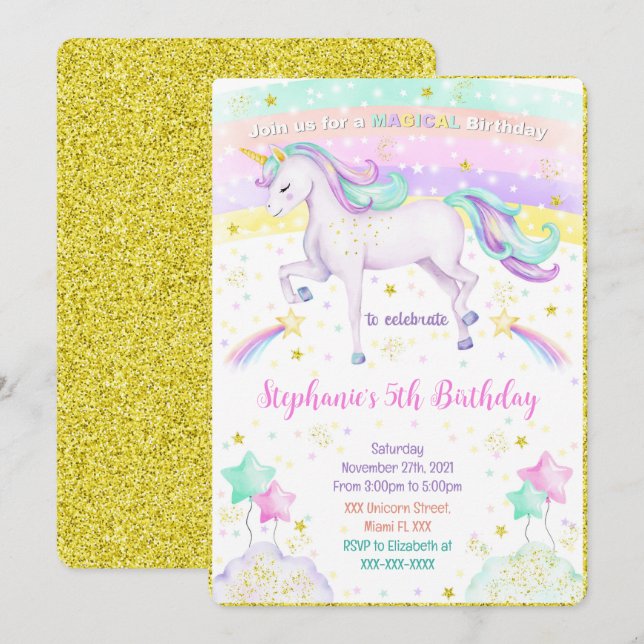 Einladung bearbeitbarer Unicorn (Vorne/Hinten)