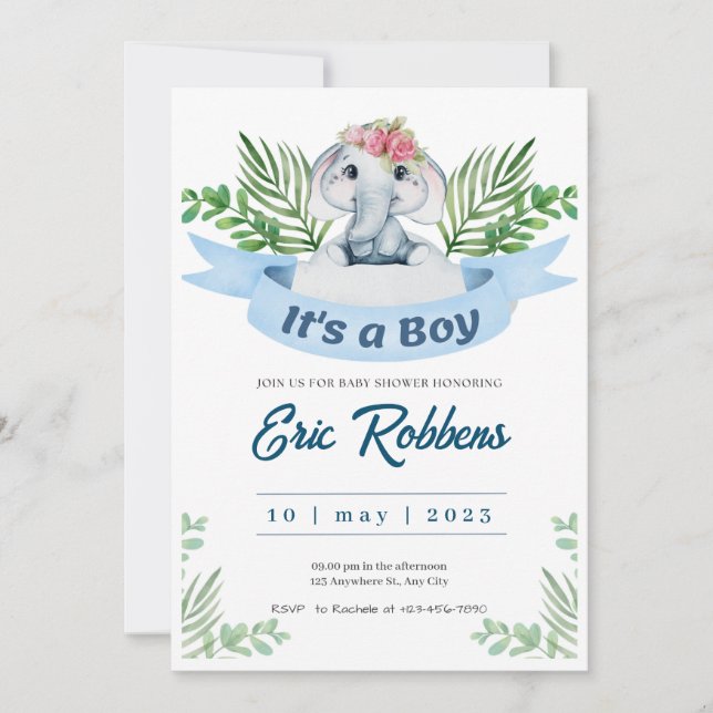 Einladung Begrüßung Baby Boy Dusche Elefant (Vorderseite)