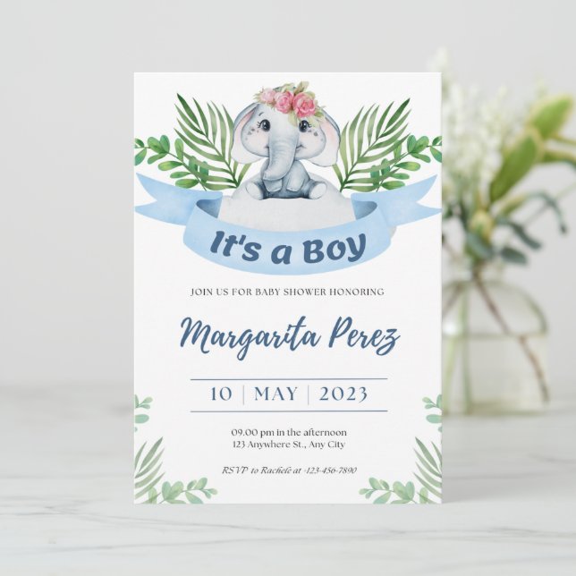 Einladung Begrüßung Baby Boy Elephant Illustration (Stehend Vorderseite)