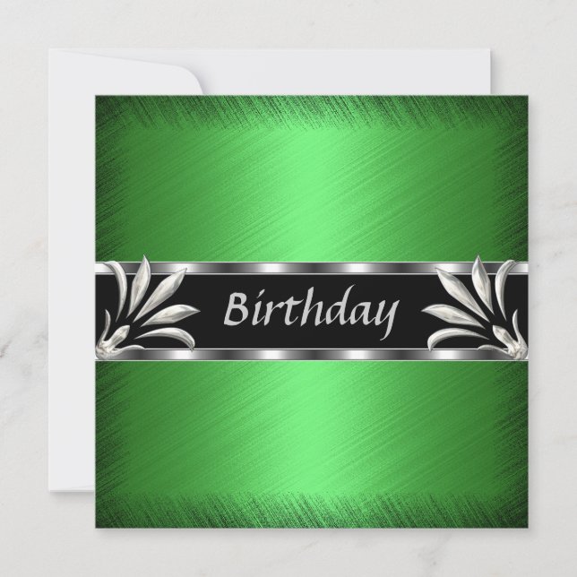 Einladung Birthday Green Silver Floral (Vorderseite)
