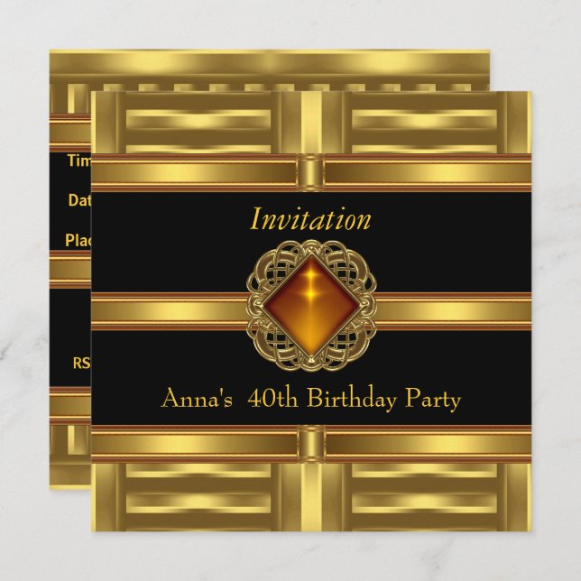Einladung Black Gold auf Gold 40. Geburtstag Party (Vorne/Hinten)