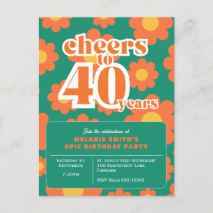 Einladung "Cheers to 40 years" Retrogrün 40. Postkarte
