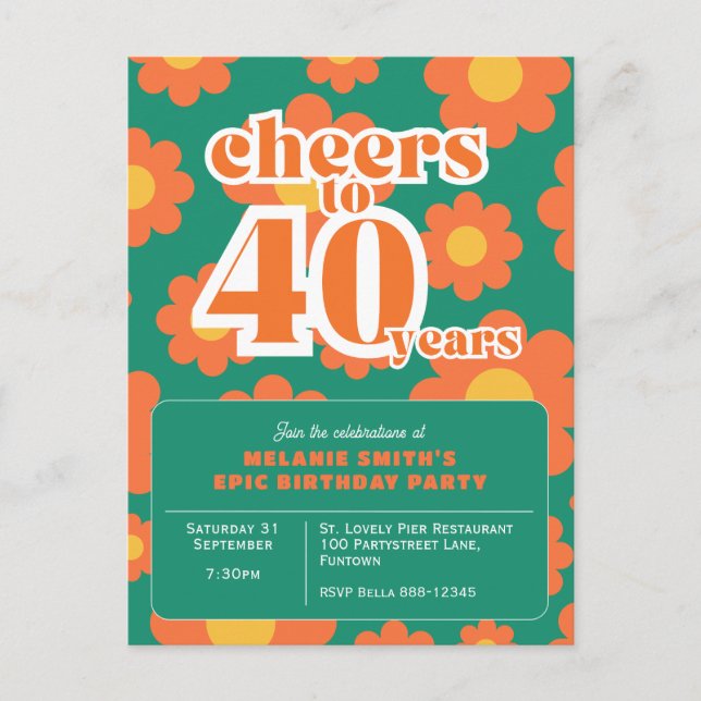 Einladung "Cheers to 40 years" Retrogrün 40. Postkarte (Vorderseite)