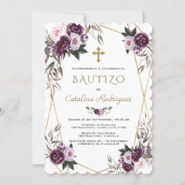 Einladung De Bautizo Purple Flowers Gold Girl