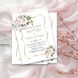 Einladung De Bautizo White Flores Gold Taufe