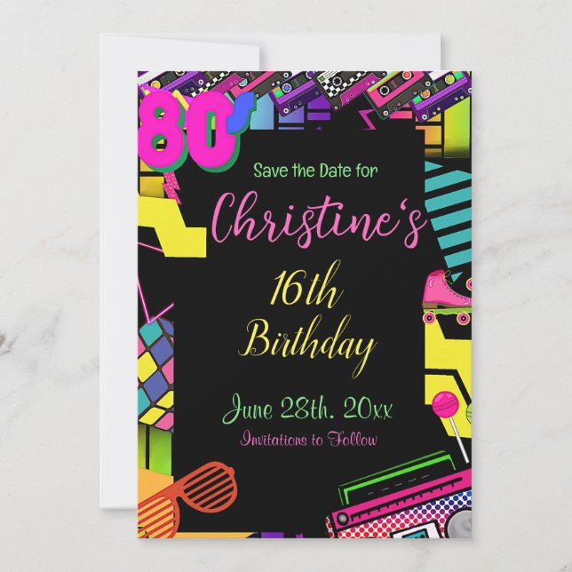 Einladung der 80er Jahre, zurück in die 80er Jahre (Vorderseite)