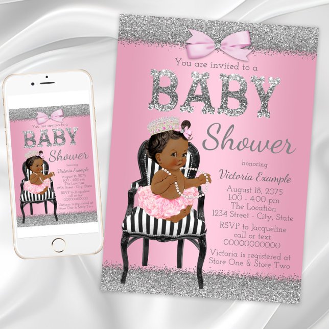 Einladung der afrikanischen amerikanischen Princes (Pink black princess baby shower invitation. Instant download and printed invitations available.)