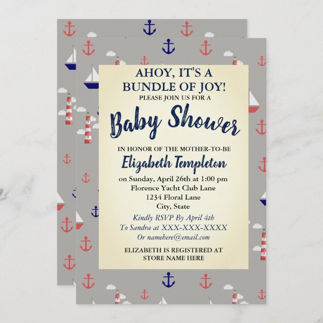 Einladung der Ahoy Niedlich Nautical Baby Shower (Vorne/Hinten)