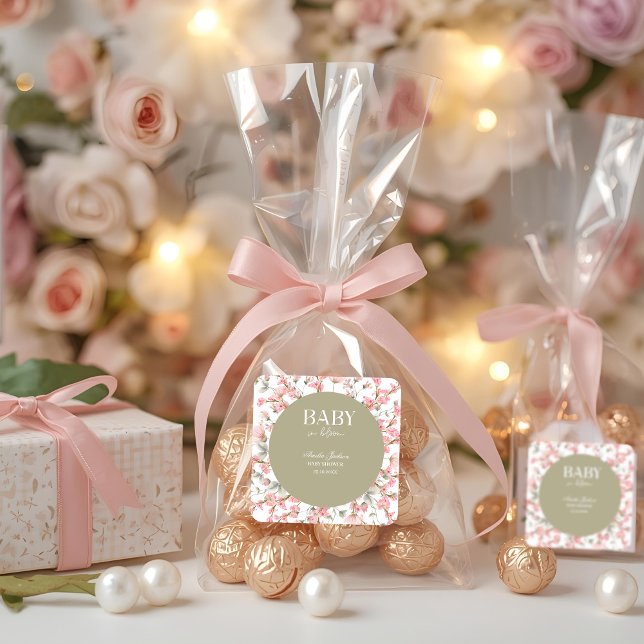 Einladung der Baby Green Baby Bloom Baby Dusche Quadratischer Aufkleber (Von Creator hochgeladen)