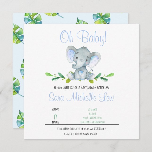 Einladung der Babydusche "Elephant Watercolor" (Vorne/Hinten)