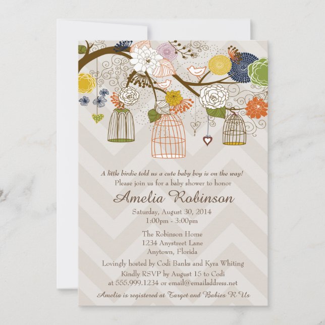 Einladung der Babydusche, frische Farbe der Vogelk (Vorderseite)