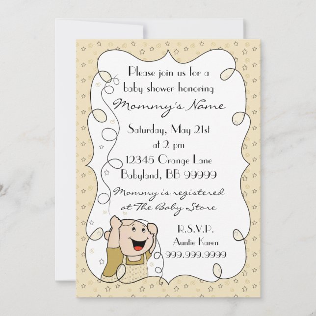 Einladung der Babydusche. Sterne/Baby/Gold/Schwarz (Vorderseite)