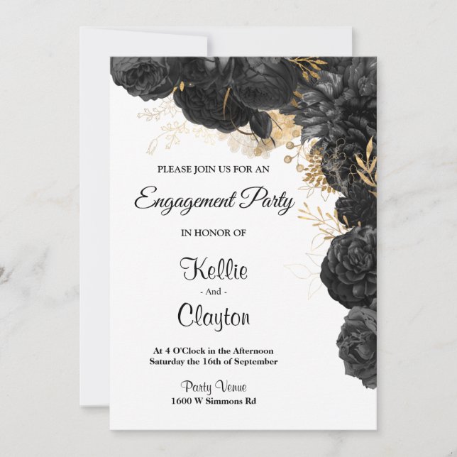 Einladung der Black and Gold Floral Engagement Par (Vorderseite)