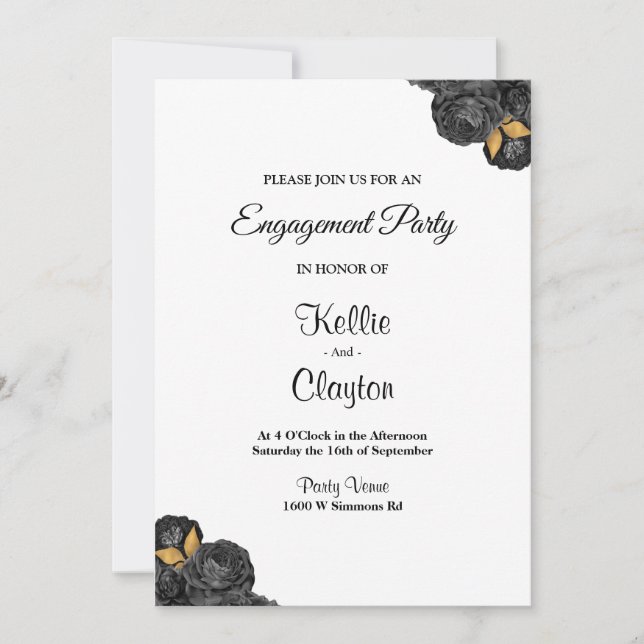Einladung der Black and Gold Floral Engagement Par (Vorderseite)