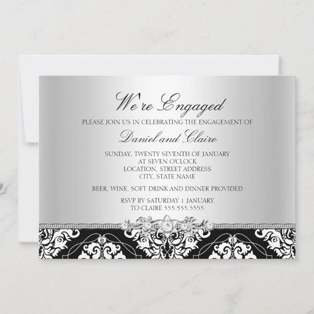 Einladung der Black Elegant Damask Engagement Part (Vorderseite)