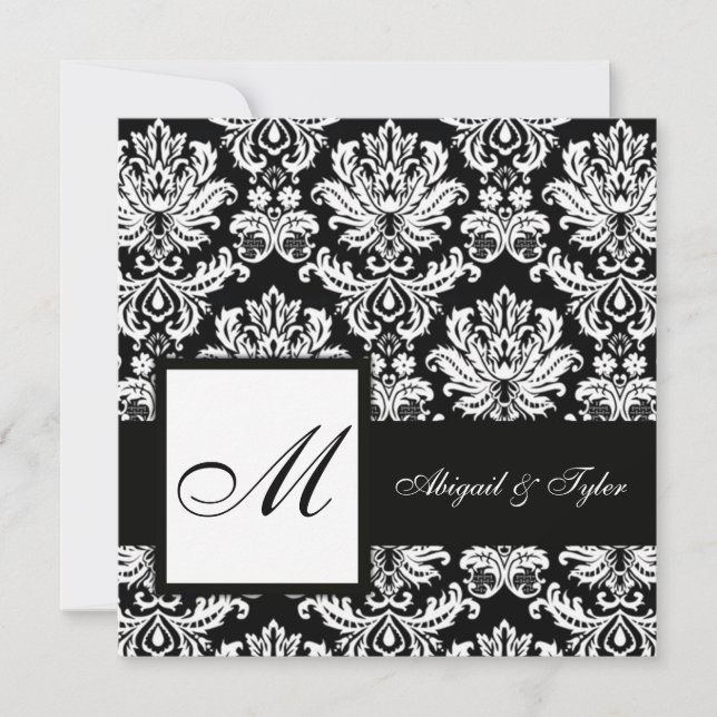 Einladung der Black Wedding Monogram Damask (Vorderseite)