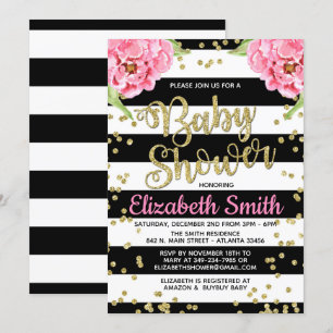 Einladung der Black & White Peony Baby Dusche