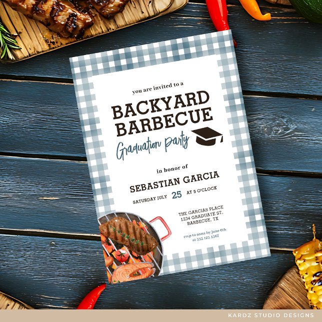 Einladung der Blue Backyard GRILLEN Graduation Par (- Invite shown in 5 x 7 inches, choose size, paper and corner style. Buy print or digital invitation)