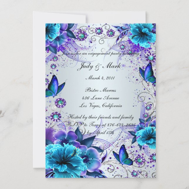 Einladung der Blue Floral and Butterfly Engagement (Vorderseite)