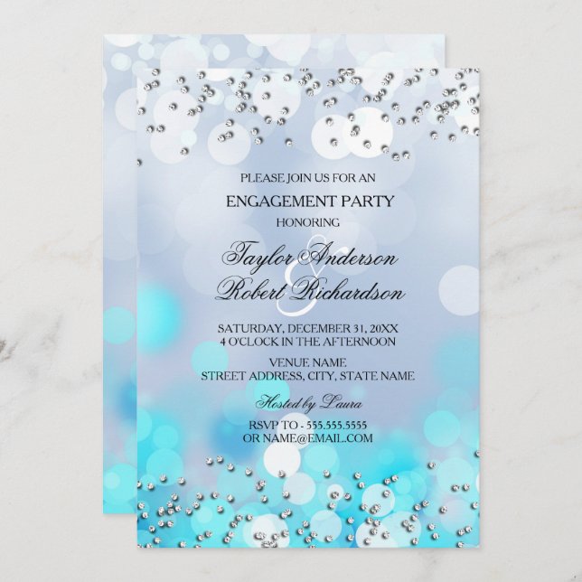 Einladung der Blue Sparkle Lights Engagement Party (Vorne/Hinten)