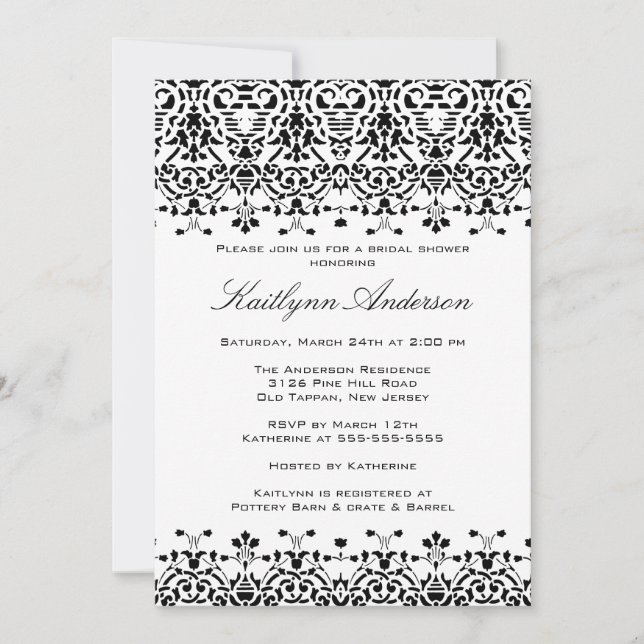 Einladung der Brautdusche "White & Black Damask" (Vorderseite)