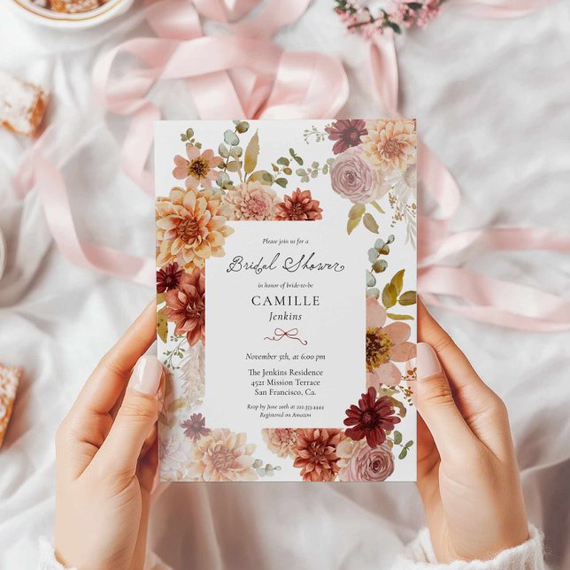 Einladung der Burgundy Fall Floral Bridal Dusche (Burgundy and Terracotta Floral Fall Bridal Shower Invitation)