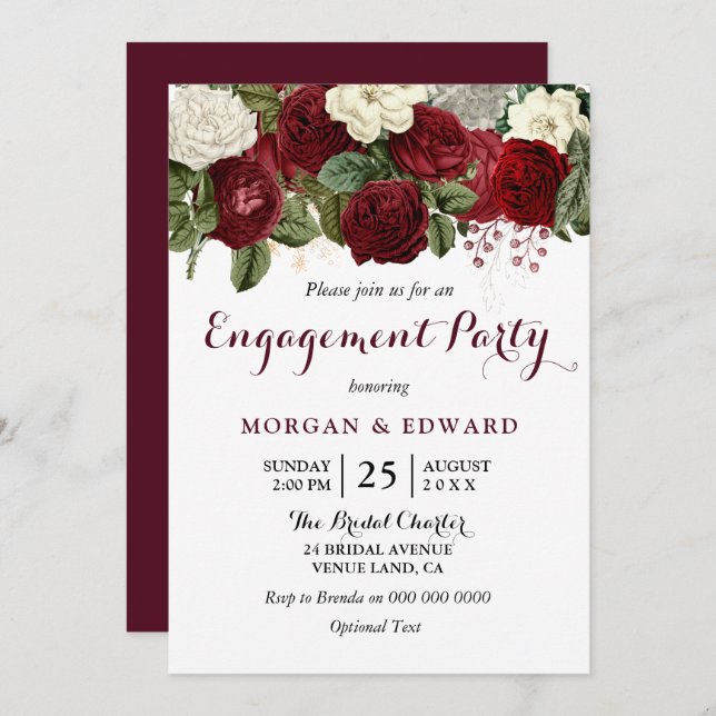 Einladung der burgundy Red White Floral Engagement (Vorne/Hinten)